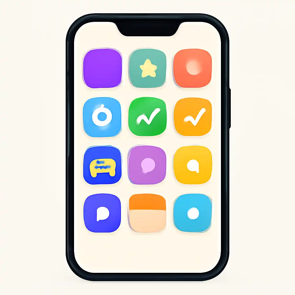 Smartphone shown from the front displaying a colourful flat layout of abstract game icons and rounded tiles (no text, no letters, no labels), 92 Game