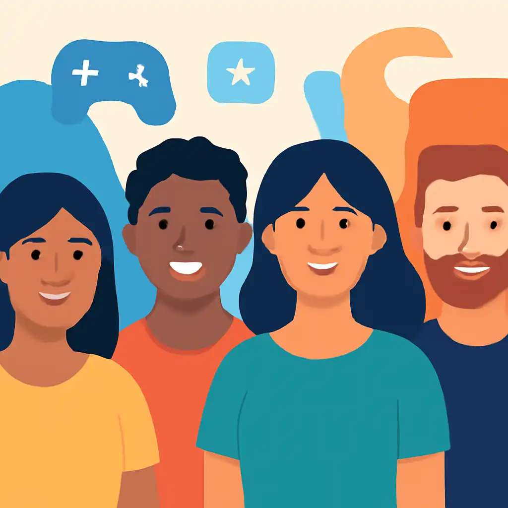 Group of diverse users smiling: 92 Game community photo