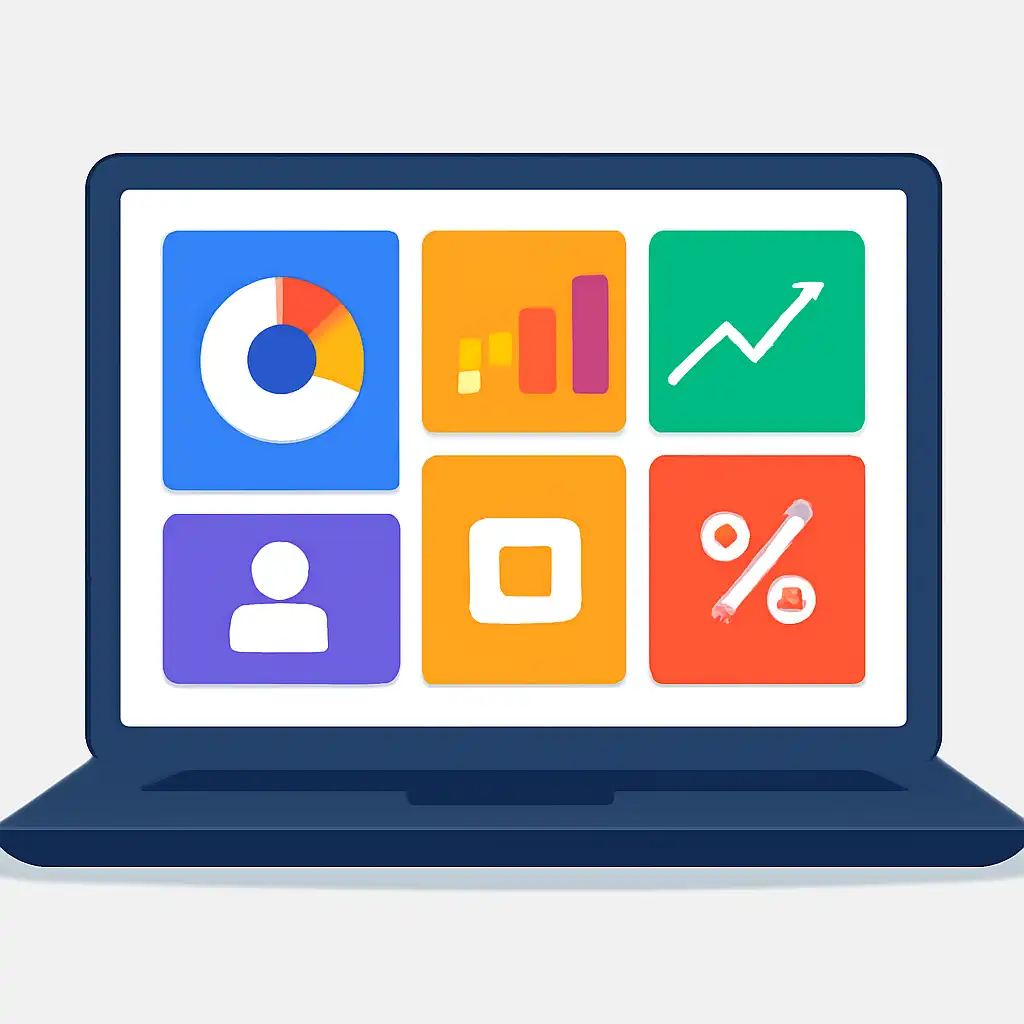Laptop shown from the front displaying a colourful flat dashboard of abstract charts, bars and icon tiles (no text, no letters, no labels), 92 Game