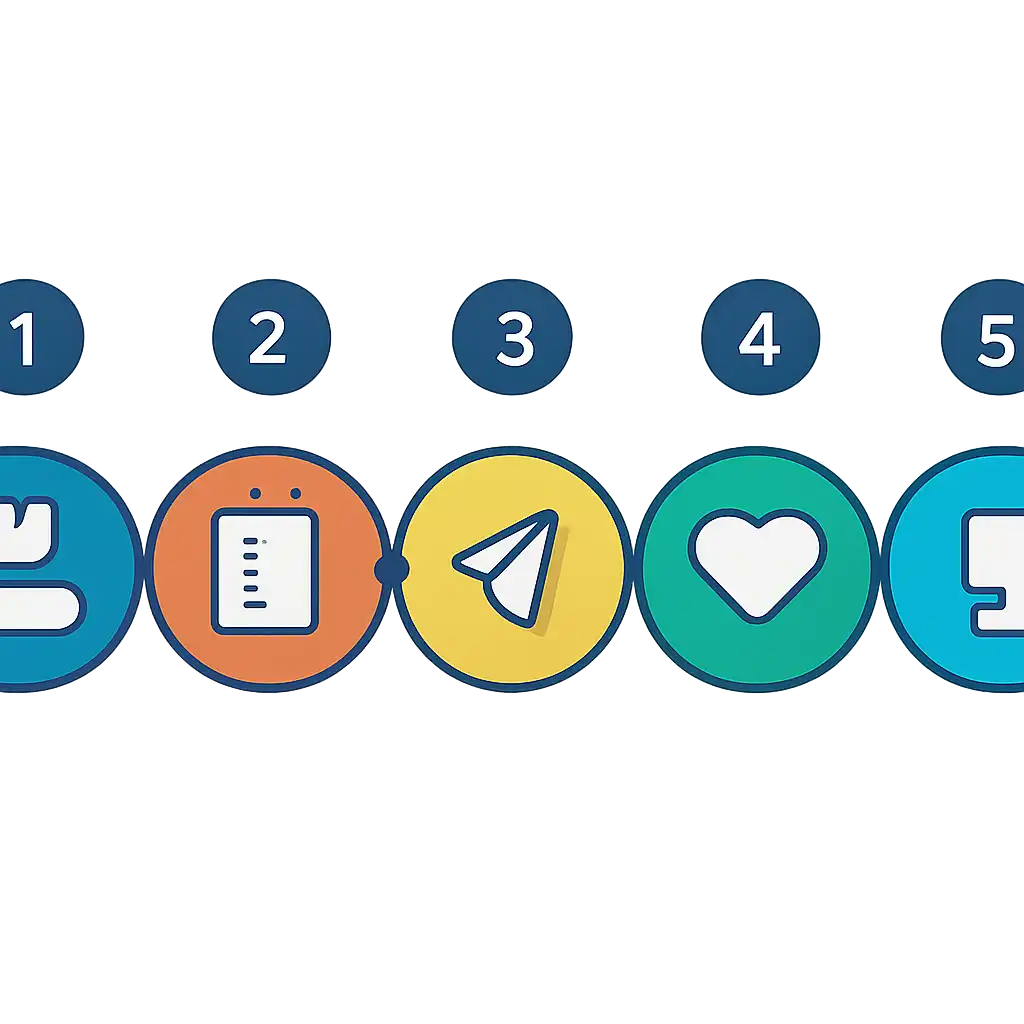 Five numbered circular icons connected by arrows in a horizontal flow, flat illustration, icons only, no words, 92 Game steps