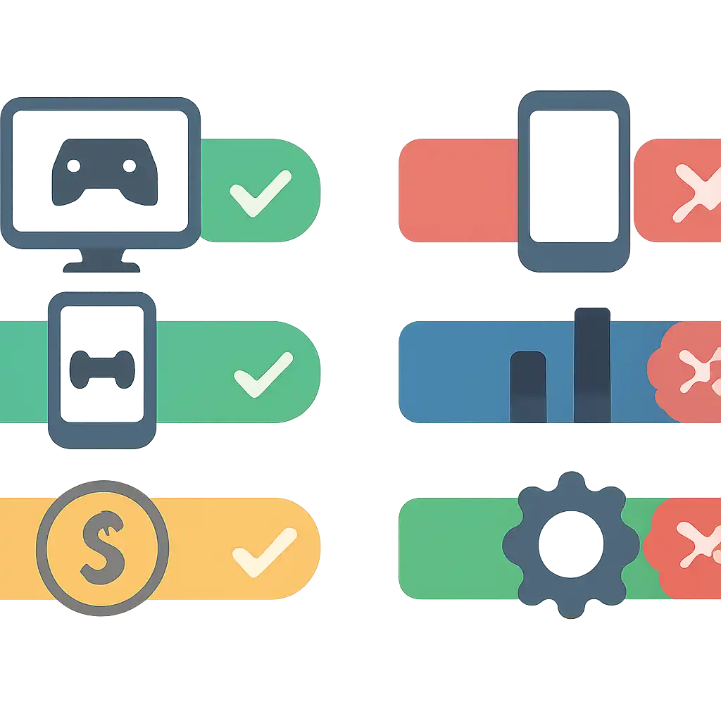 Infographic comparing options using coloured bars and icons only, no text or labels, flat design, 92 Game